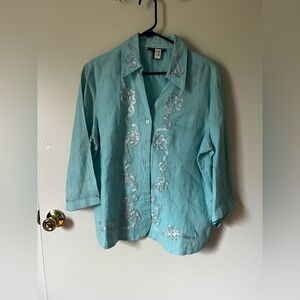 Anne Carson Aqua Button Down Shirt with Silver Embroidery. Xl